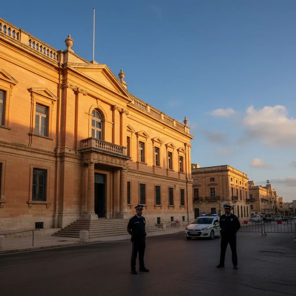 Valletta Law Courts building with police nearby, illustrating Malta’s tougher bail stance in domestic violence cases