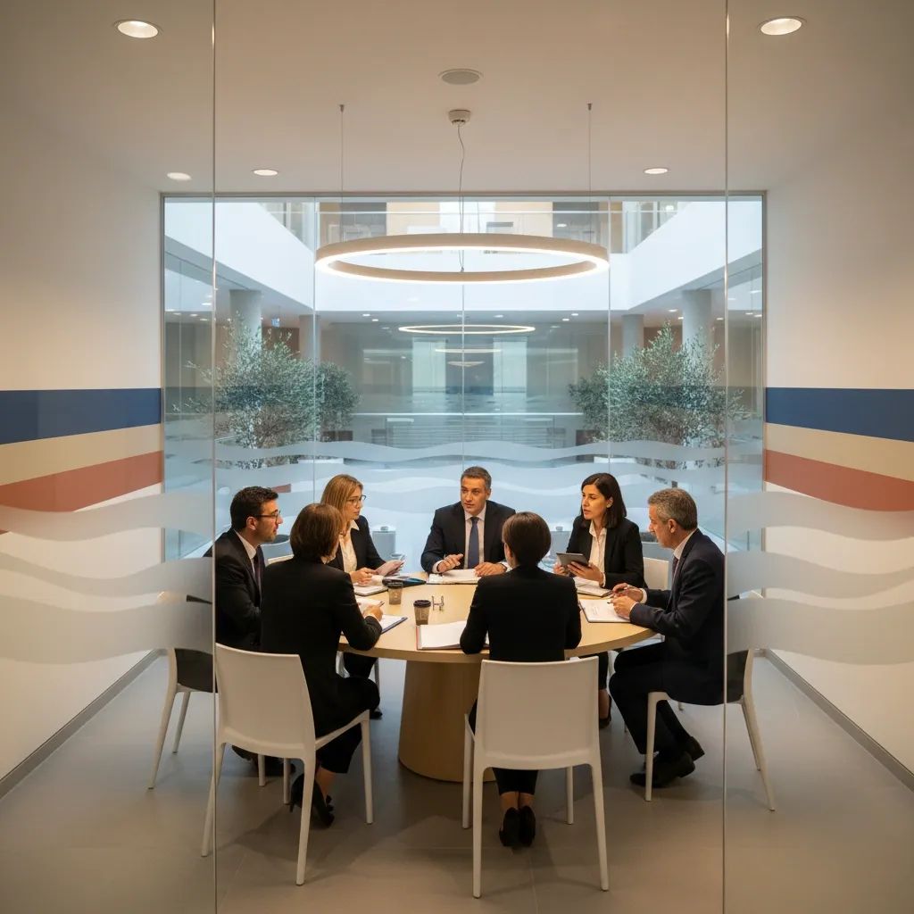 Modern courthouse mediation room with professionals and families in constructive discussion, representing Malta's family court reform