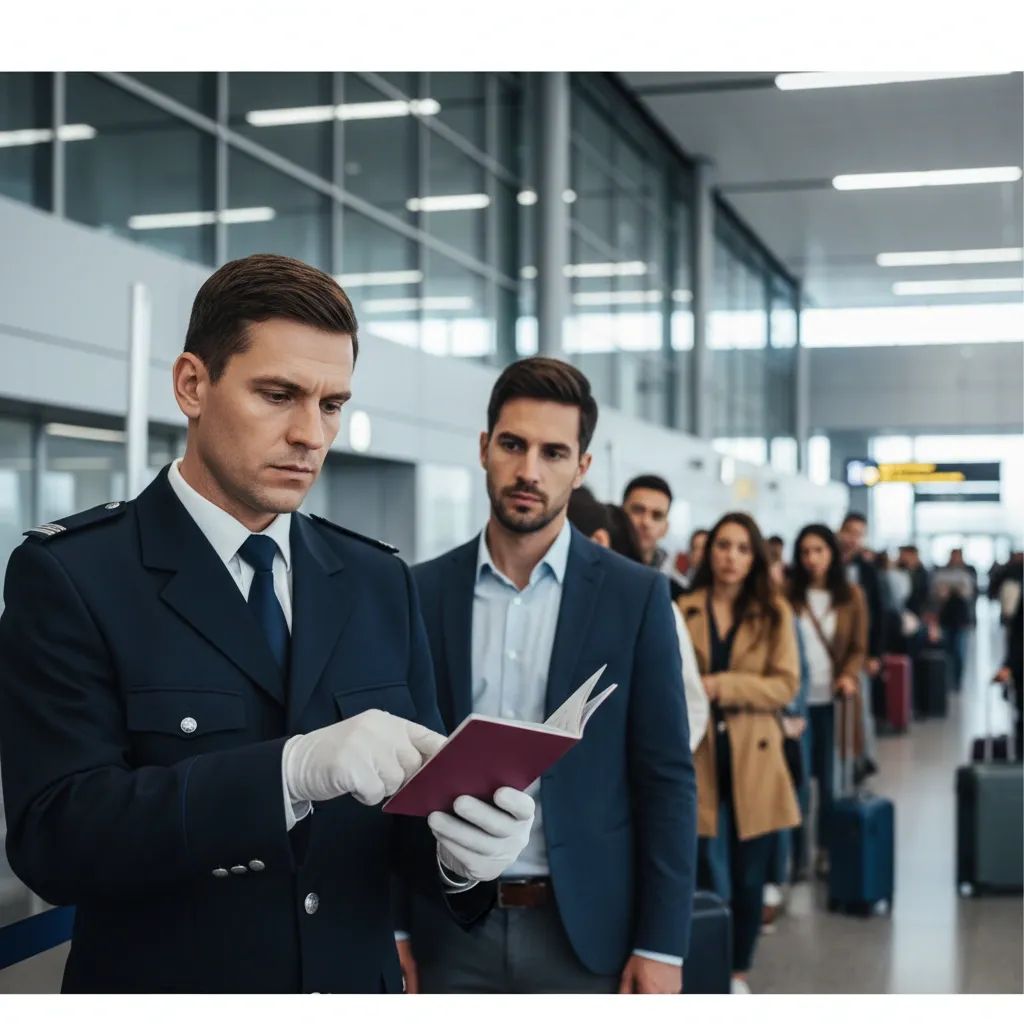 Border officer inspects a burgundy passport at an airport checkpoint, symbolising stricter Maltese travel controls