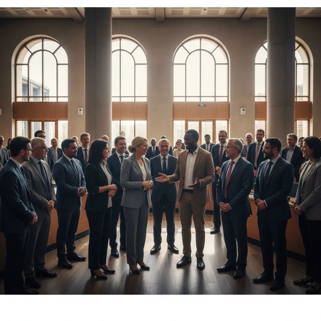 Diverse group of people in professional civic setting representing political participation and community integration