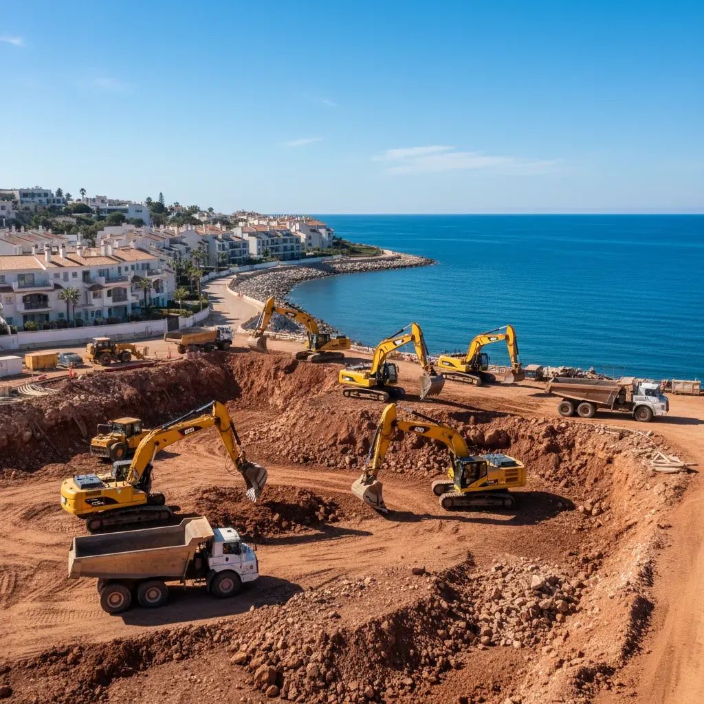 Heavy excavation machinery operating at Sliema hotel construction site with residential buildings in background