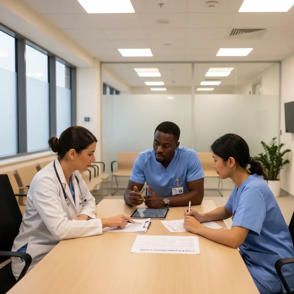 Medical professionals reviewing healthcare documents in modern Malta hospital setting, representing advance directive legislation