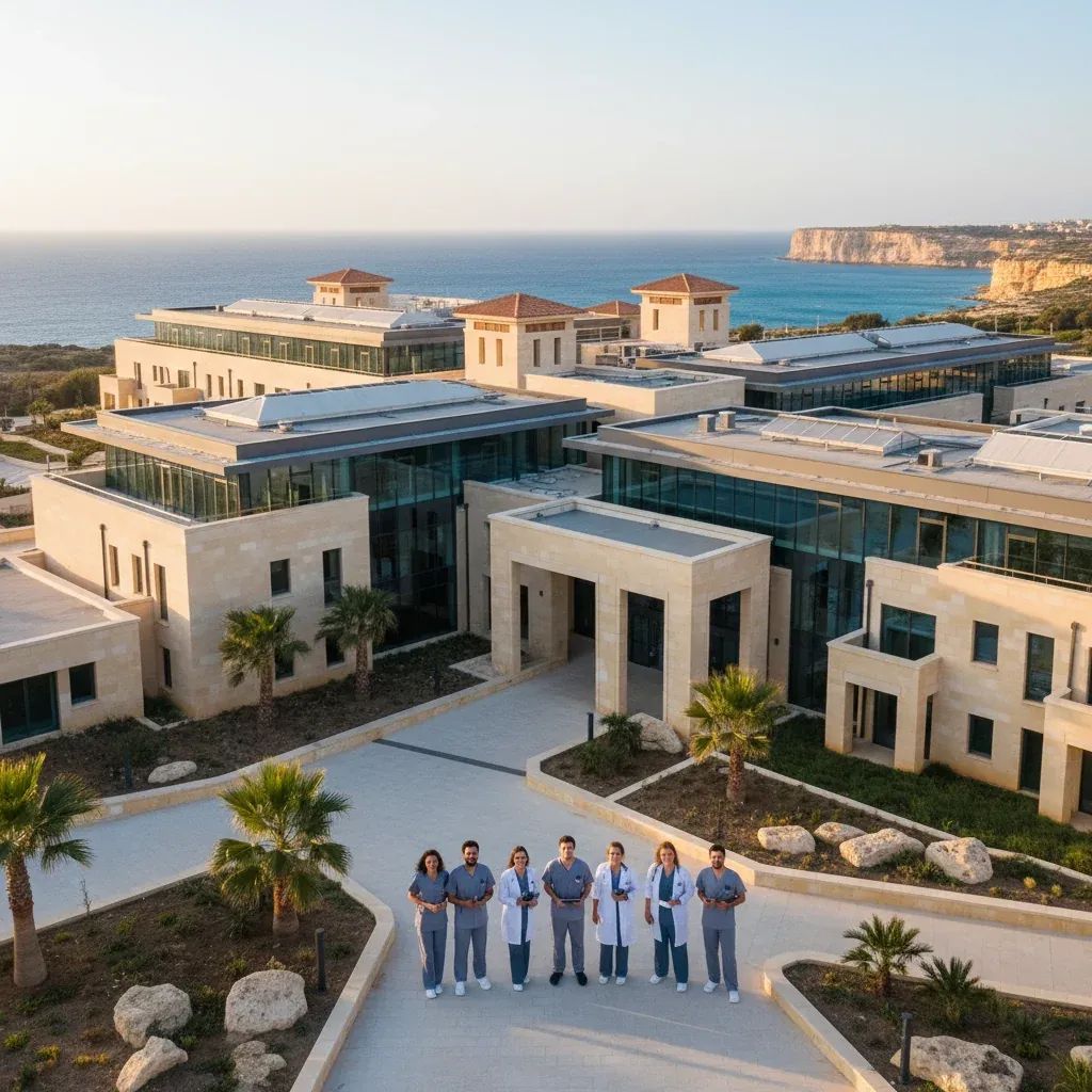 Modern hospital complex in Malta with medical staff at entrance, representing new healthcare infrastructure