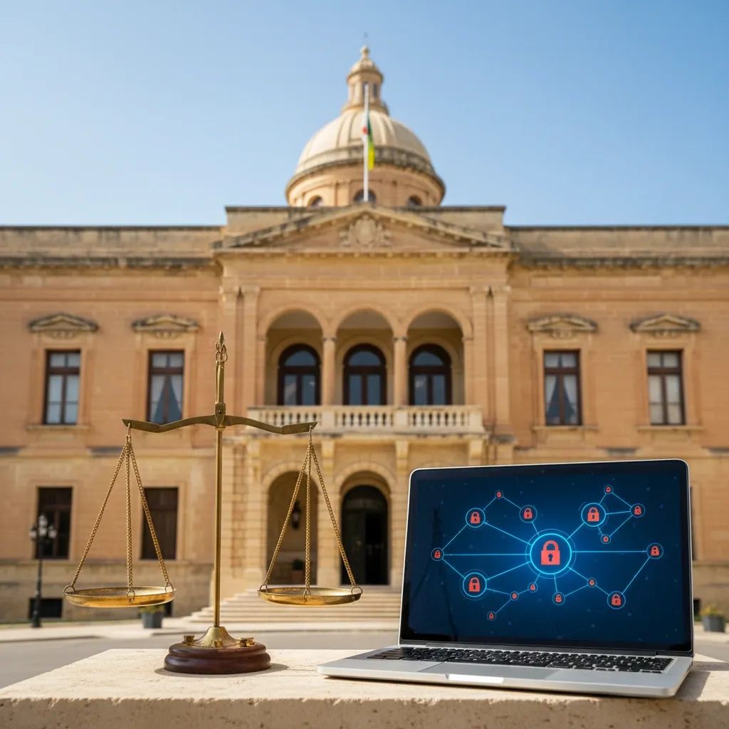 Scales of justice and laptop before a Maltese-style government building, symbolising Malta’s planned anti-corruption reforms