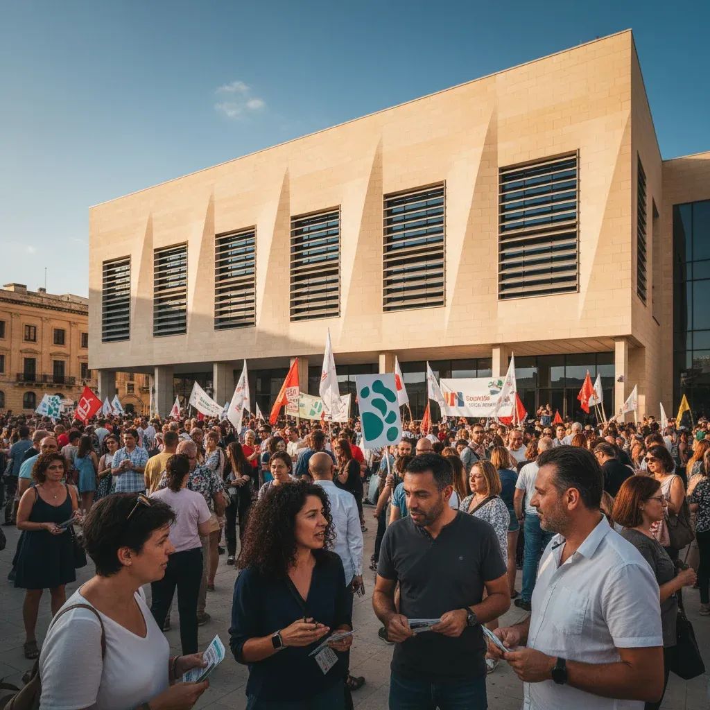 Political rally scene at Labour Party campaign event in Żejtun, Malta with diverse voters engaged in discussion