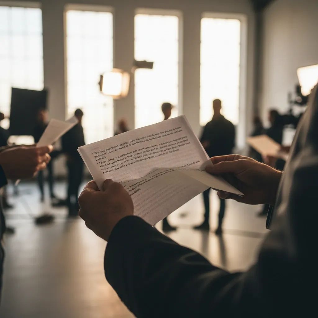 Film production crew on set during European cinema production with screenplays