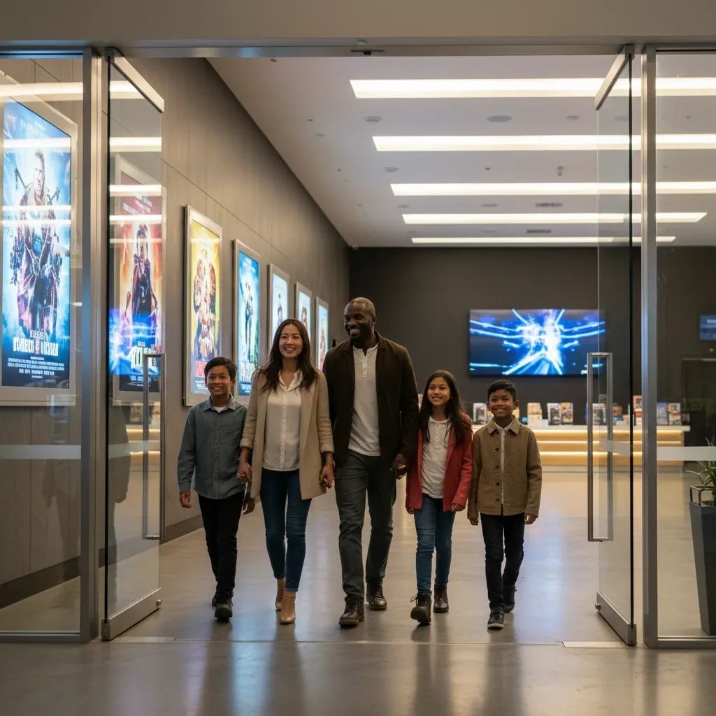 Family with children entering a modern cinema lobby during a busy discount movie event