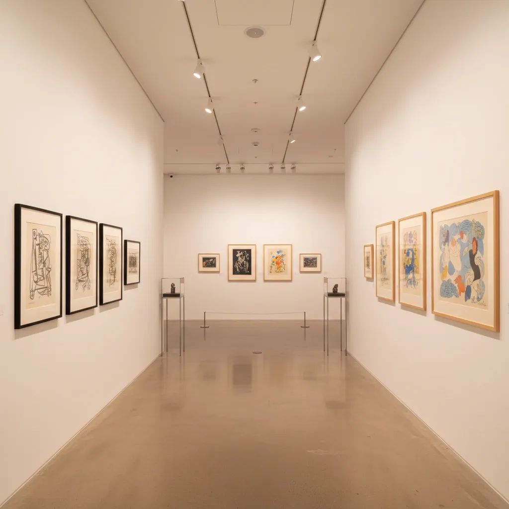 Gallery interior displaying framed modernist artworks by Picasso and Chagall