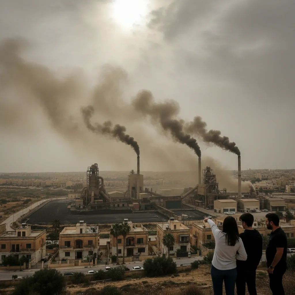 Industrial tarmac plant with visible air pollution and smoke above facility near residential homes in Iklin