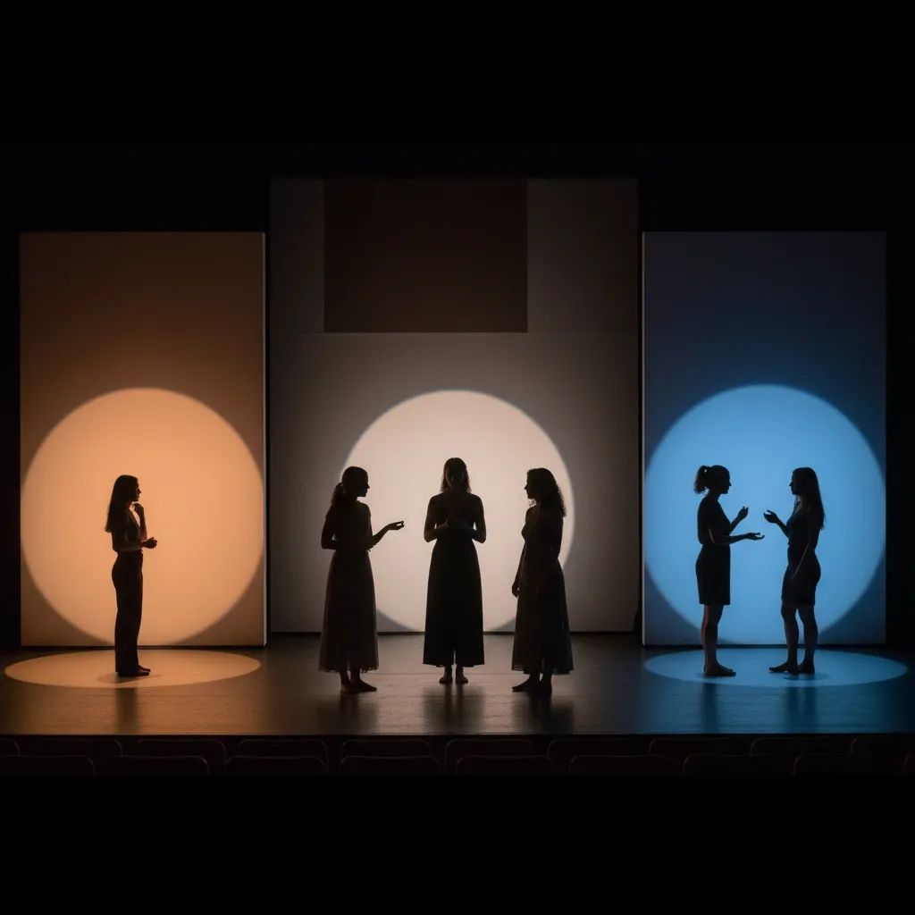 Minimalist theatre stage with three spotlight zones representing distinct female narratives in contemporary Malta