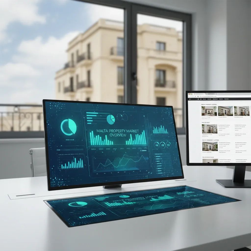 Digital property registry dashboard showing Malta real estate transaction data on computer screen