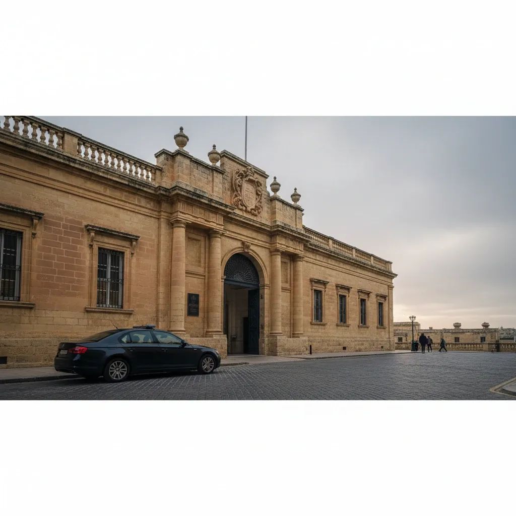 Maltese courthouse facade at dawn with a police car parked outside, reflecting serious domestic violence hearing
