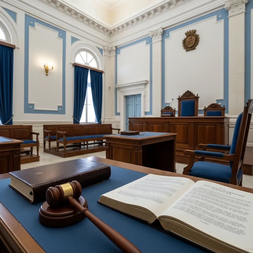 Malta Magistrates' Court interior showing judicial bench and legal documents during proceedings