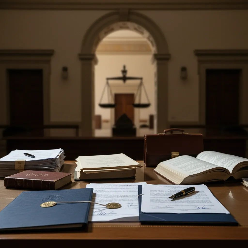 Government office with legal documents and scales of justice representing judicial investigation