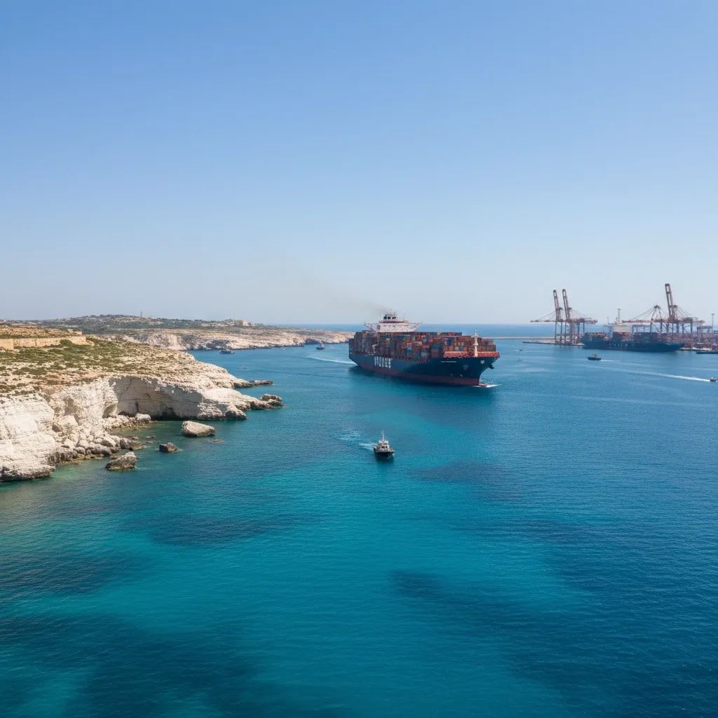 Container ship approaching Maltese port with cranes and light exhaust, illustrating shipping carbon costs