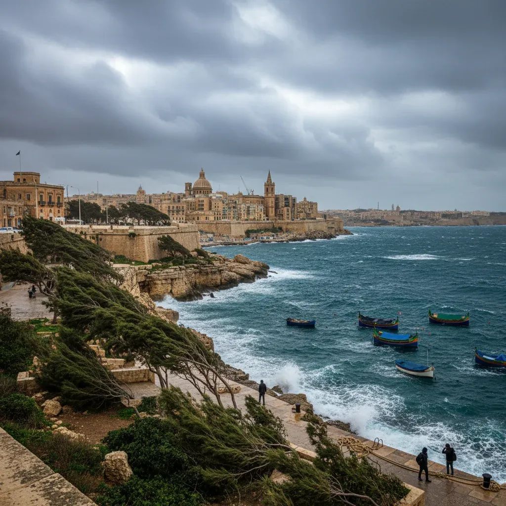 Coastal Malta scene with strong winds bending trees and creating choppy seas near harbor