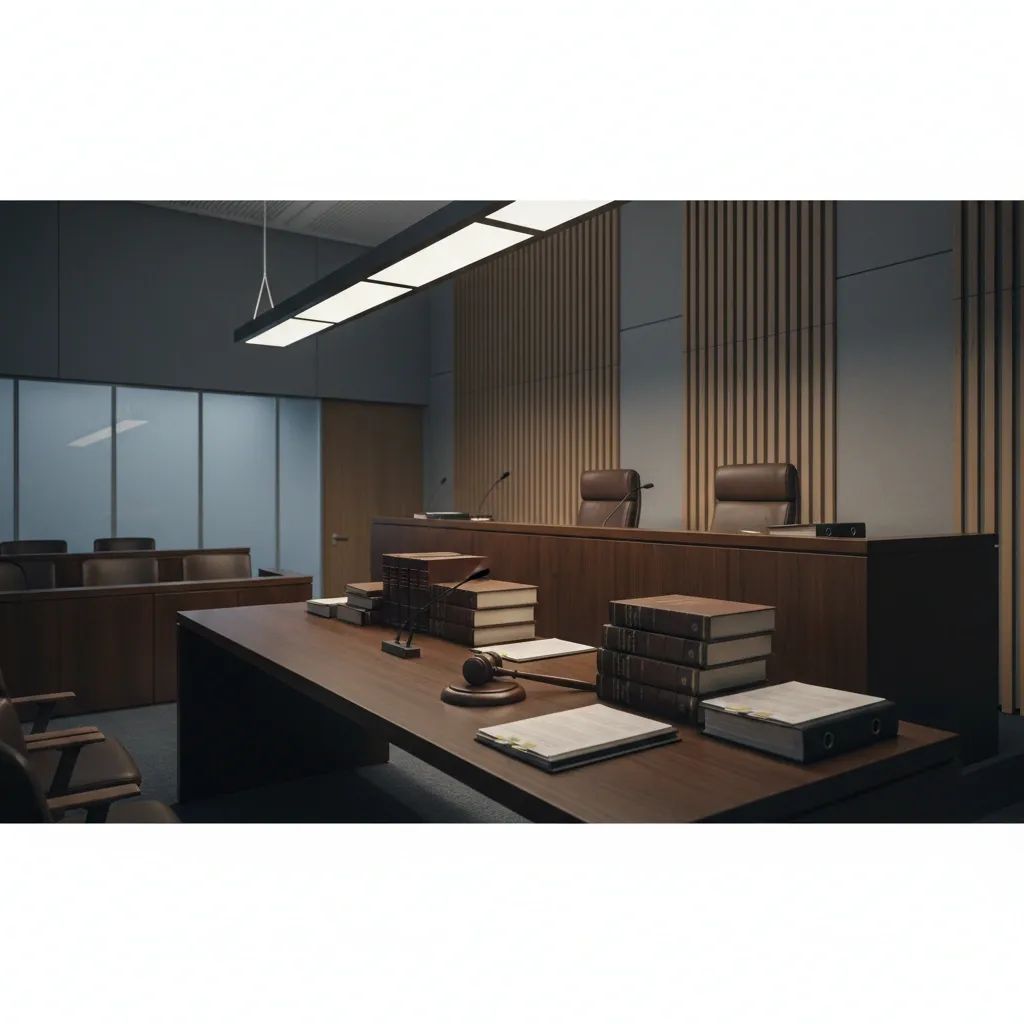 Courtroom interior with gavel and legal documents representing Malta's new harassment laws