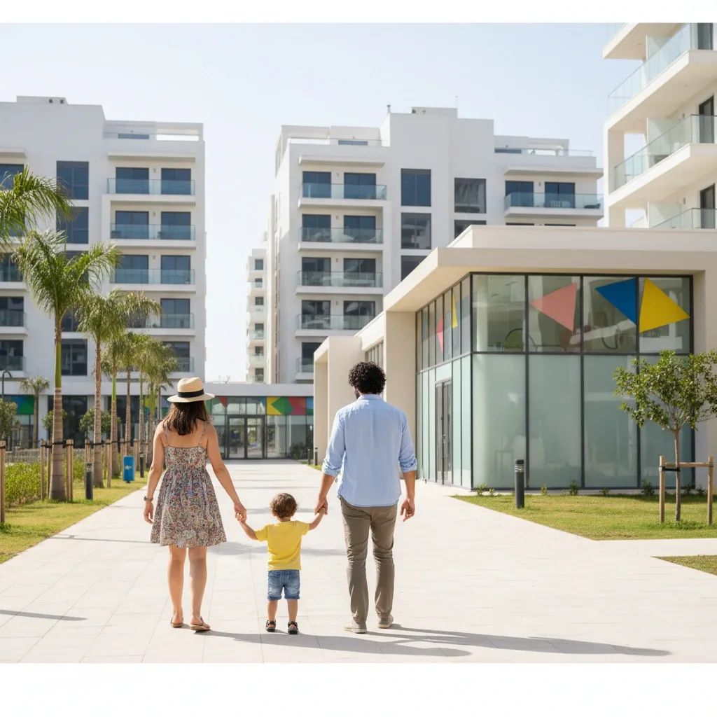 Parents in Malta escorting their toddler to a childcare centre near modern apartment blocks