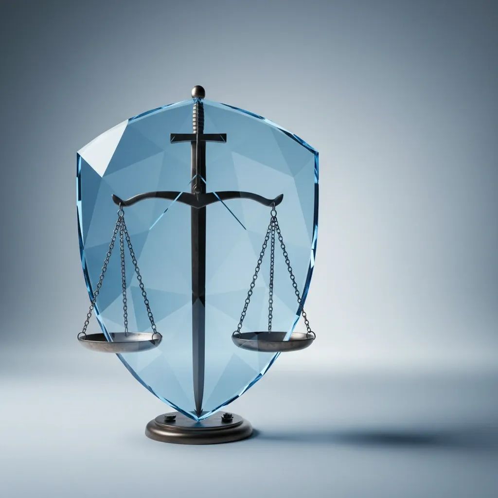 Scales of justice with protective shield symbolizing victim safety in domestic violence legal proceedings