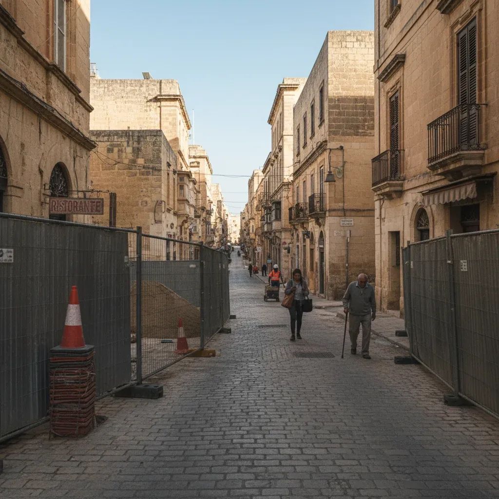Metal barriers hide Saqqajja Road eateries in Rabat during roadworks, reflecting sharp drop in footfall