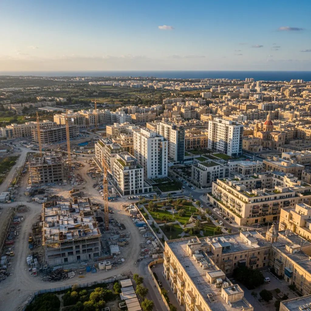 Aerial view of Malta showing urban development, construction sites, and residential neighborhoods