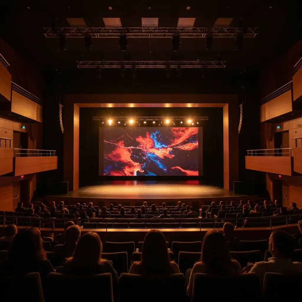 Theatre audience viewing a large projection screen in a modern cultural venue