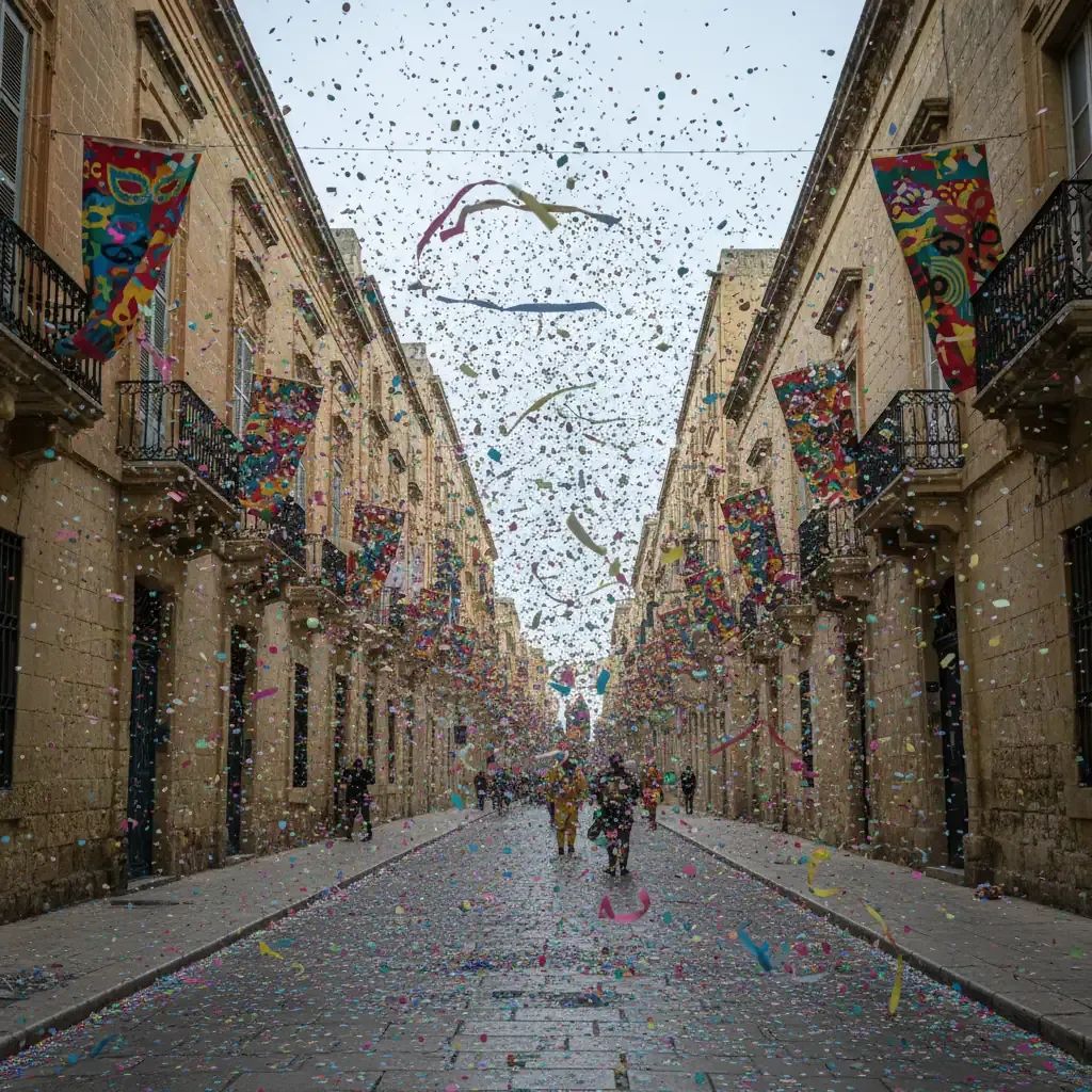 Wind gusts whip carnival banners and confetti down a historic Valletta street during Malta Carnival weekend
