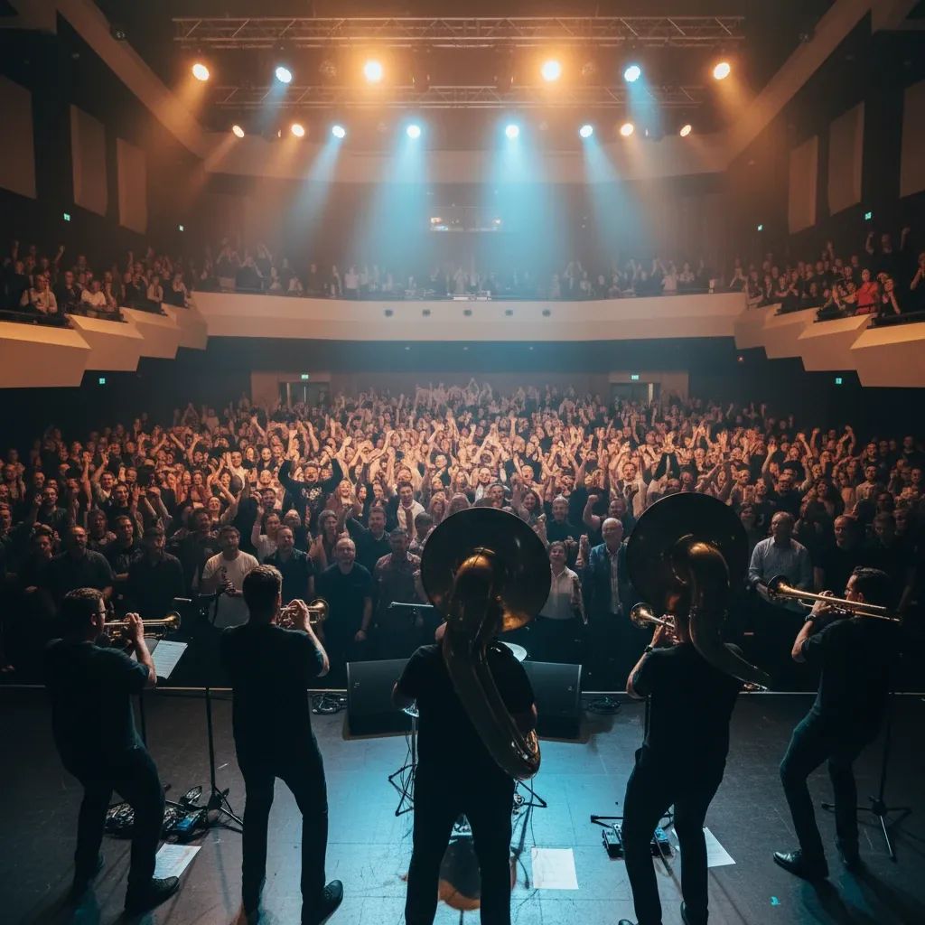Concert audience enjoying live brass band performance on stage with professional lighting
