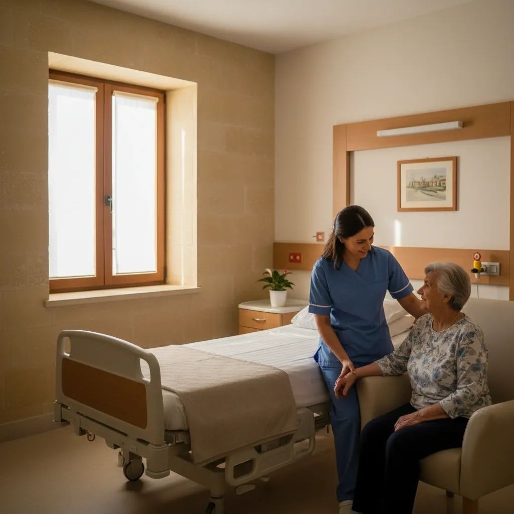 Nurse assisting elderly patient in a bright Maltese hospice room with warm lighting