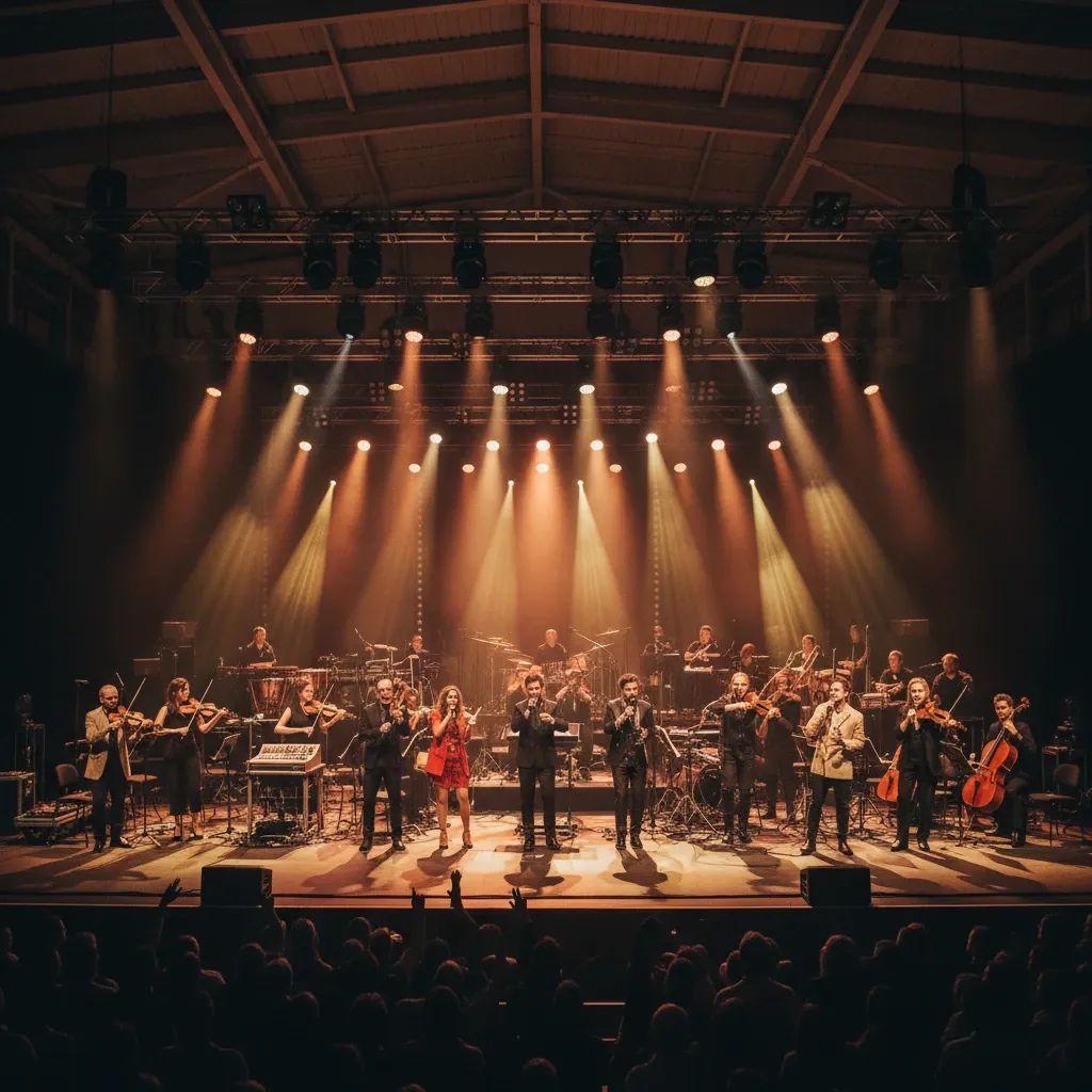 Emeli Sandé performing on stage with orchestral instruments at Malta concert venue
