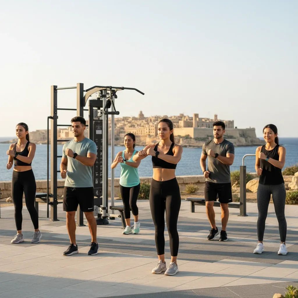 Young people in Malta exercising with smartwatches and fitness equipment in outdoor setting