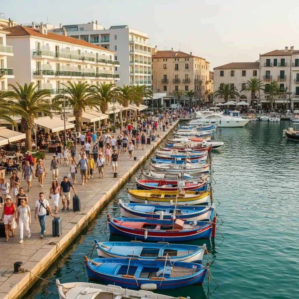 International tourists with luggage at a busy Mediterranean harbor with boats and historic architecture