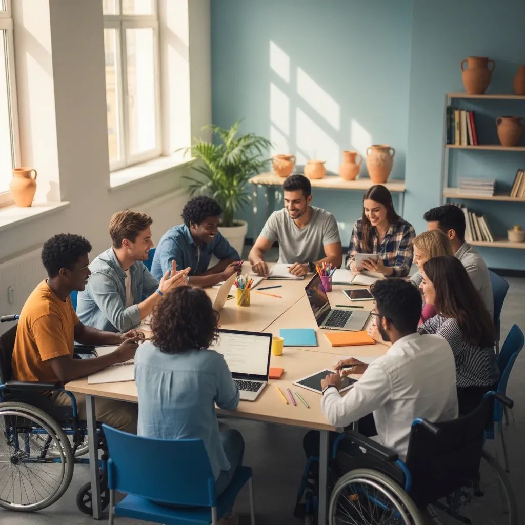 Diverse students learning together in a bright, inclusive classroom environment