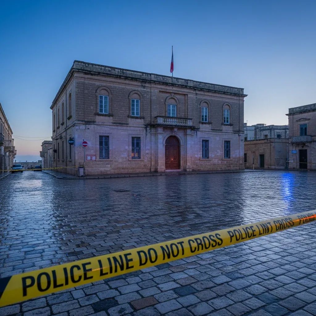 Maltese police station at dusk with blue patrol lights and caution tape across an empty street