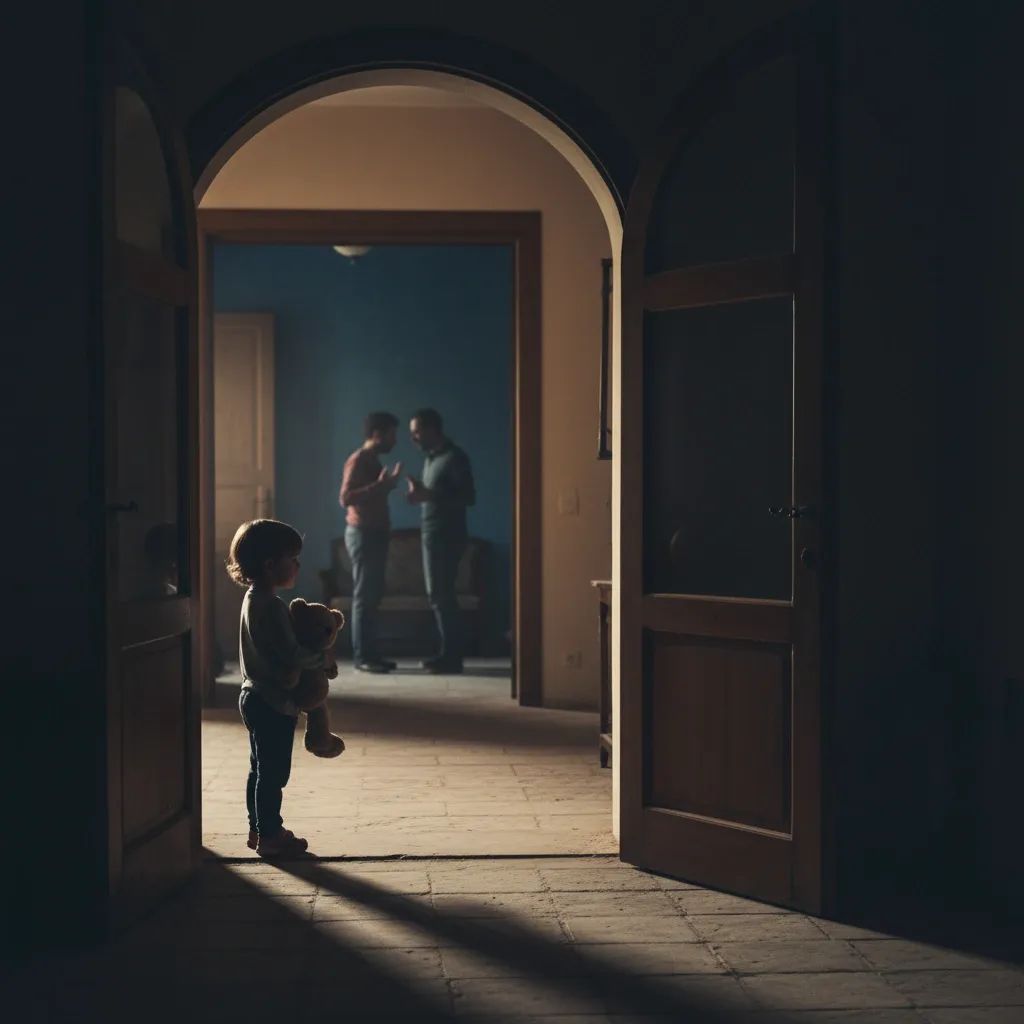 Silhouetted child with teddy bear watching adults argue in a dim Maltese home