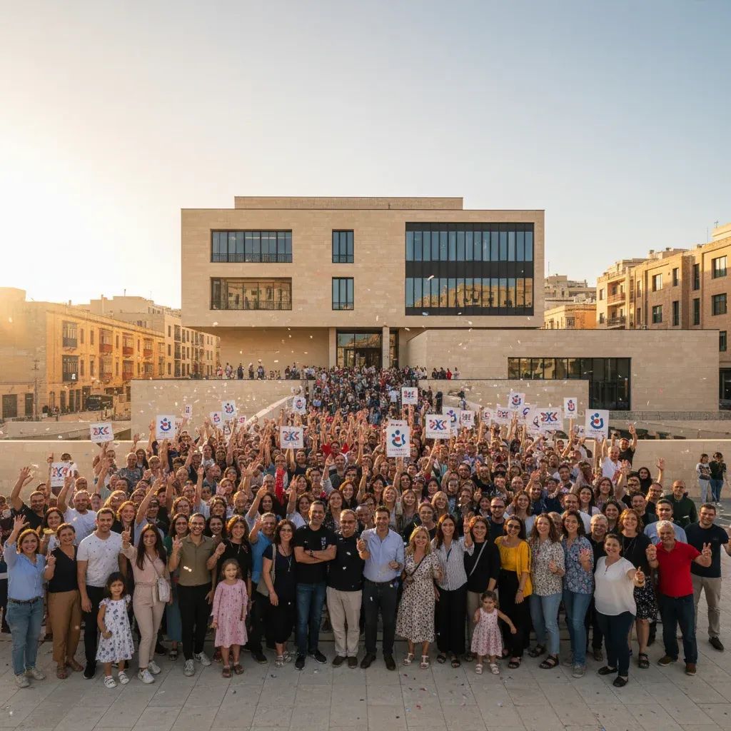 Political rally scene with crowd gathered at campaign event in Malta during election announcement