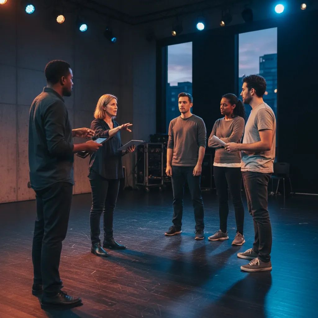 Theatre director leading rehearsal with actors on stage under dramatic lighting