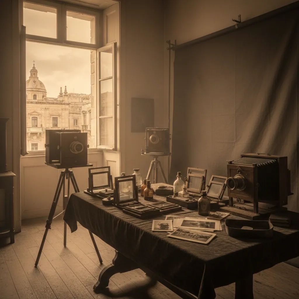 Vintage 19th century photography studio with period cameras, glass plates, and Valletta architecture in background
