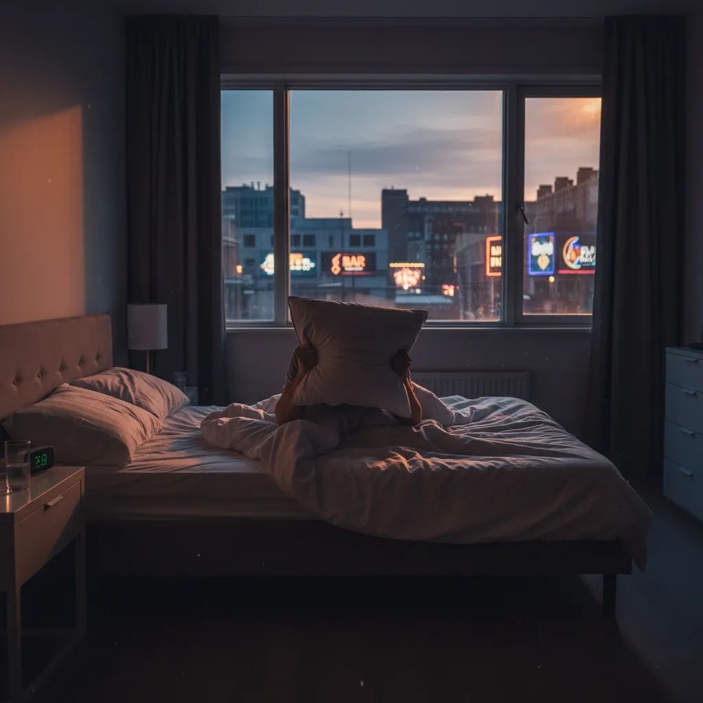 Person unable to sleep in bedroom while commercial nightlife noise disrupts residential area
