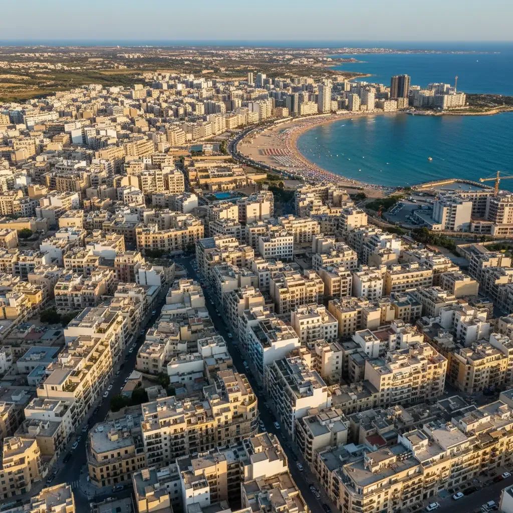 Aerial view of Malta coastal town showing residential buildings, tourist accommodations, and crowded beaches illustrating tourism density impact