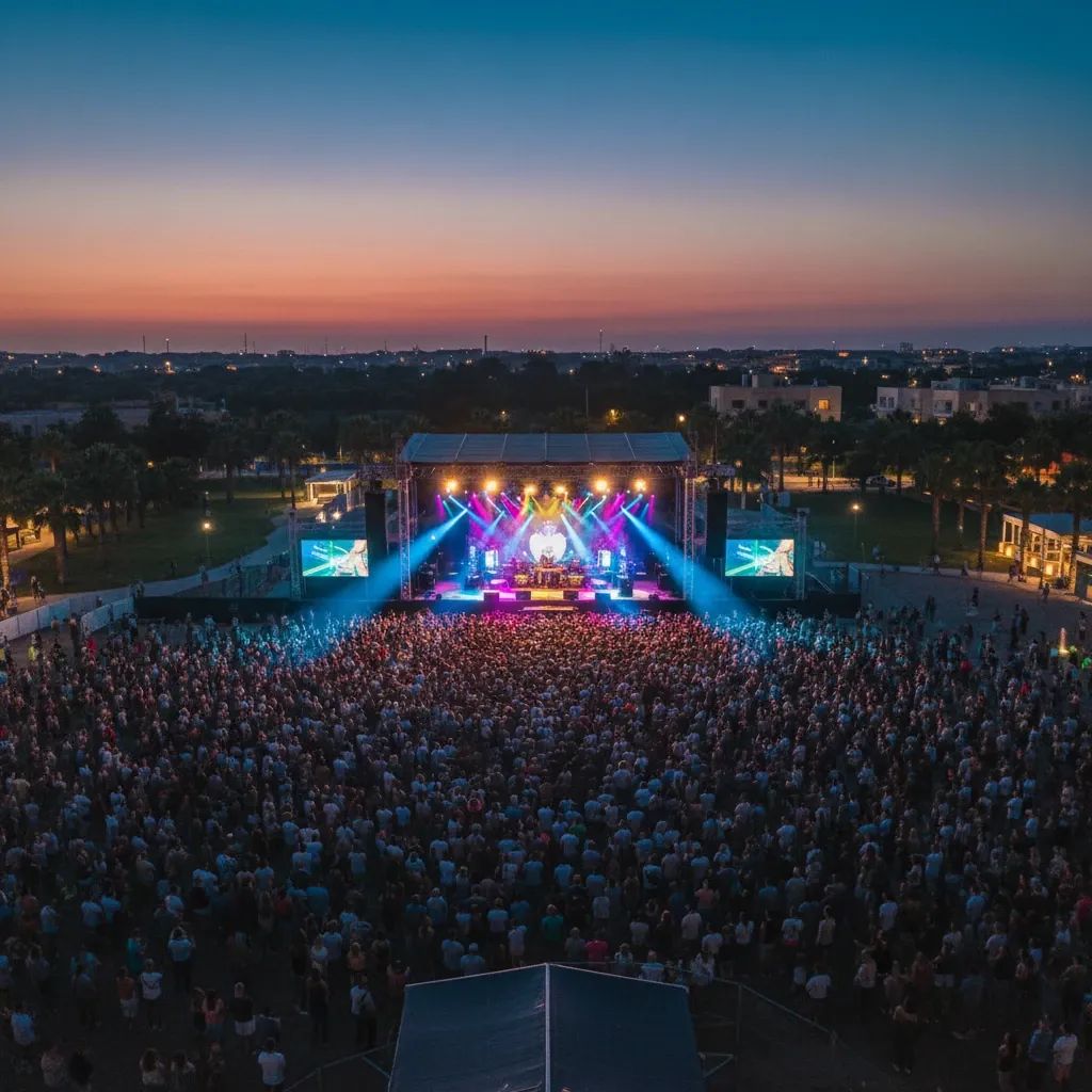 Wide evening view of outdoor Ta’ Qali nightclub with bright stage lights and crowd, illustrating new 50-year lease