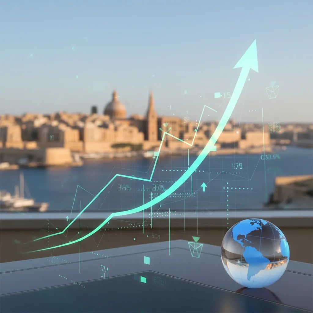 Economic growth chart and Malta harbor, representing strong economic performance and international investment