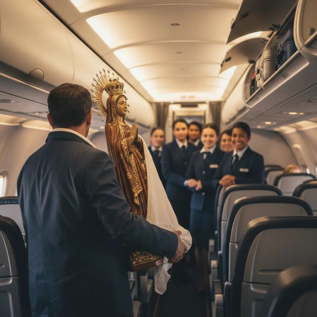 Passenger boarding aircraft while holding a large religious statue as carry-on item