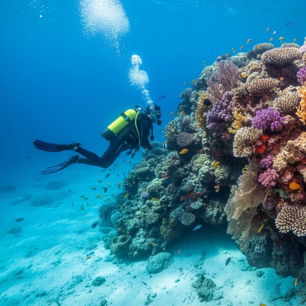 Diver exploring underwater reef formations in clear Mediterranean waters with marine life
