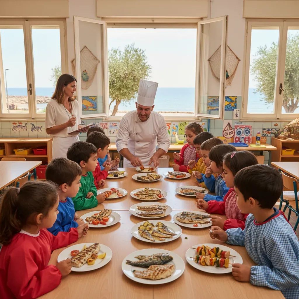 Primary school children sampling professionally prepared local fish dishes during educational nutrition session