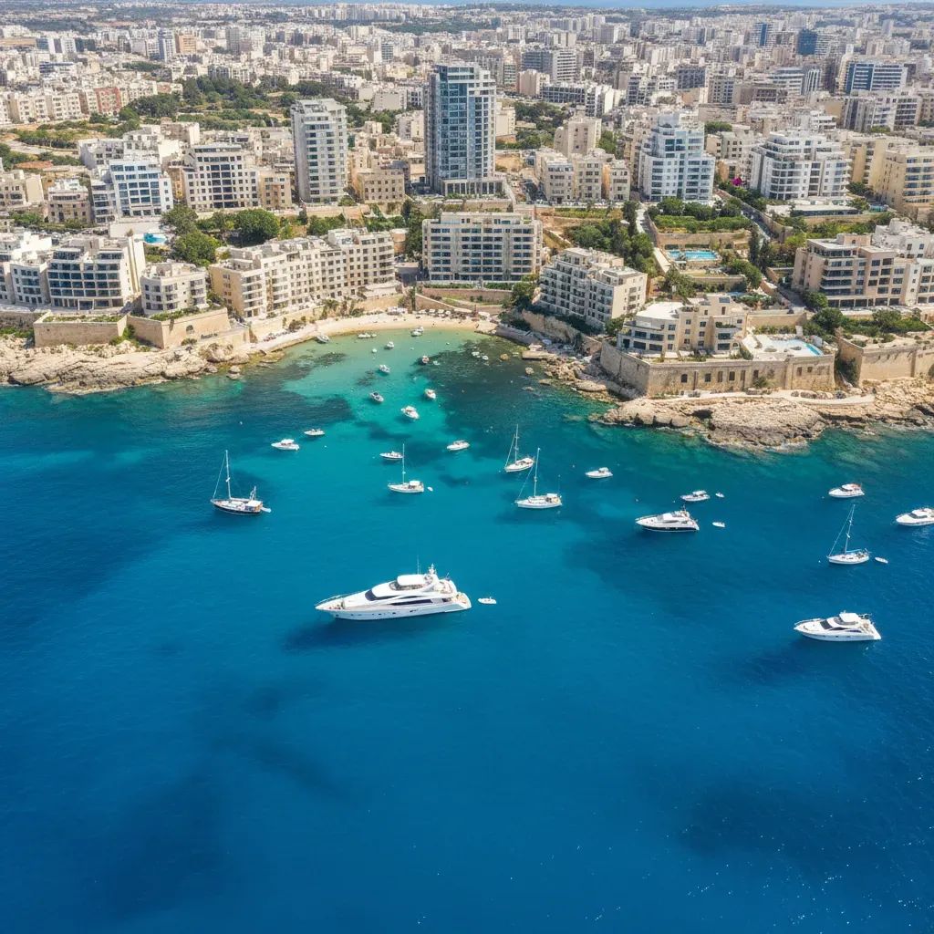 Aerial view of Malta's coastal waters showing anchored vessel near residential areas of Sliema