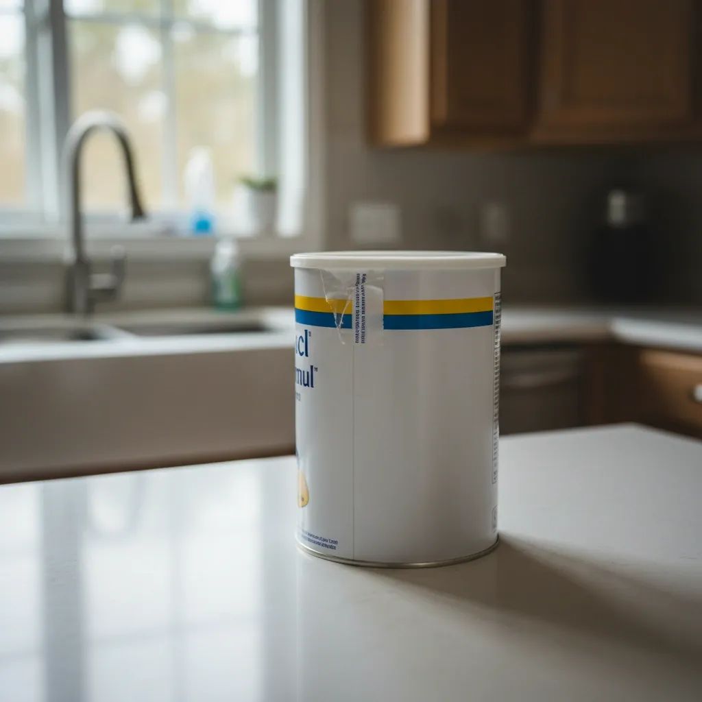 Infant formula container on kitchen counter with warning alert context
