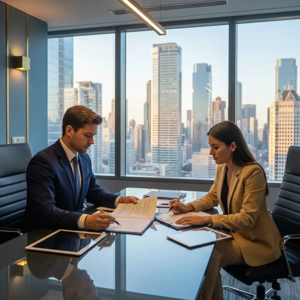 Professionals reviewing financial bond documents in modern office setting