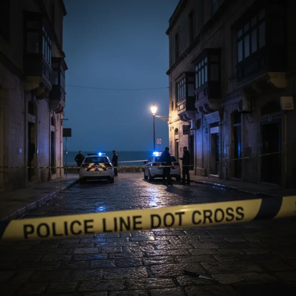 Nighttime Gżira street with police tape and flashing blue lights marking crime scene after knife-point robbery