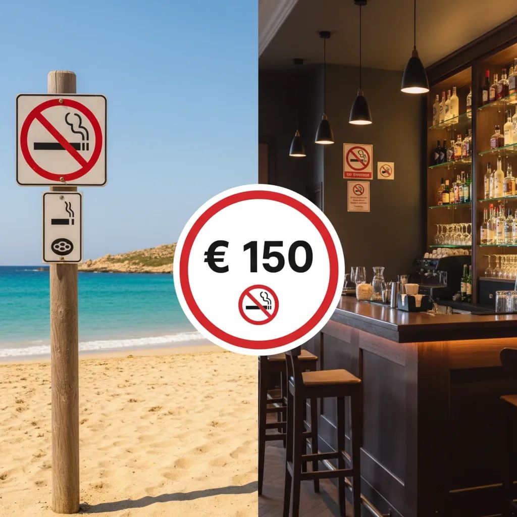 Split image showing Malta beach smoking restrictions and indoor bar enforcement signage with €150 fine symbol overlay